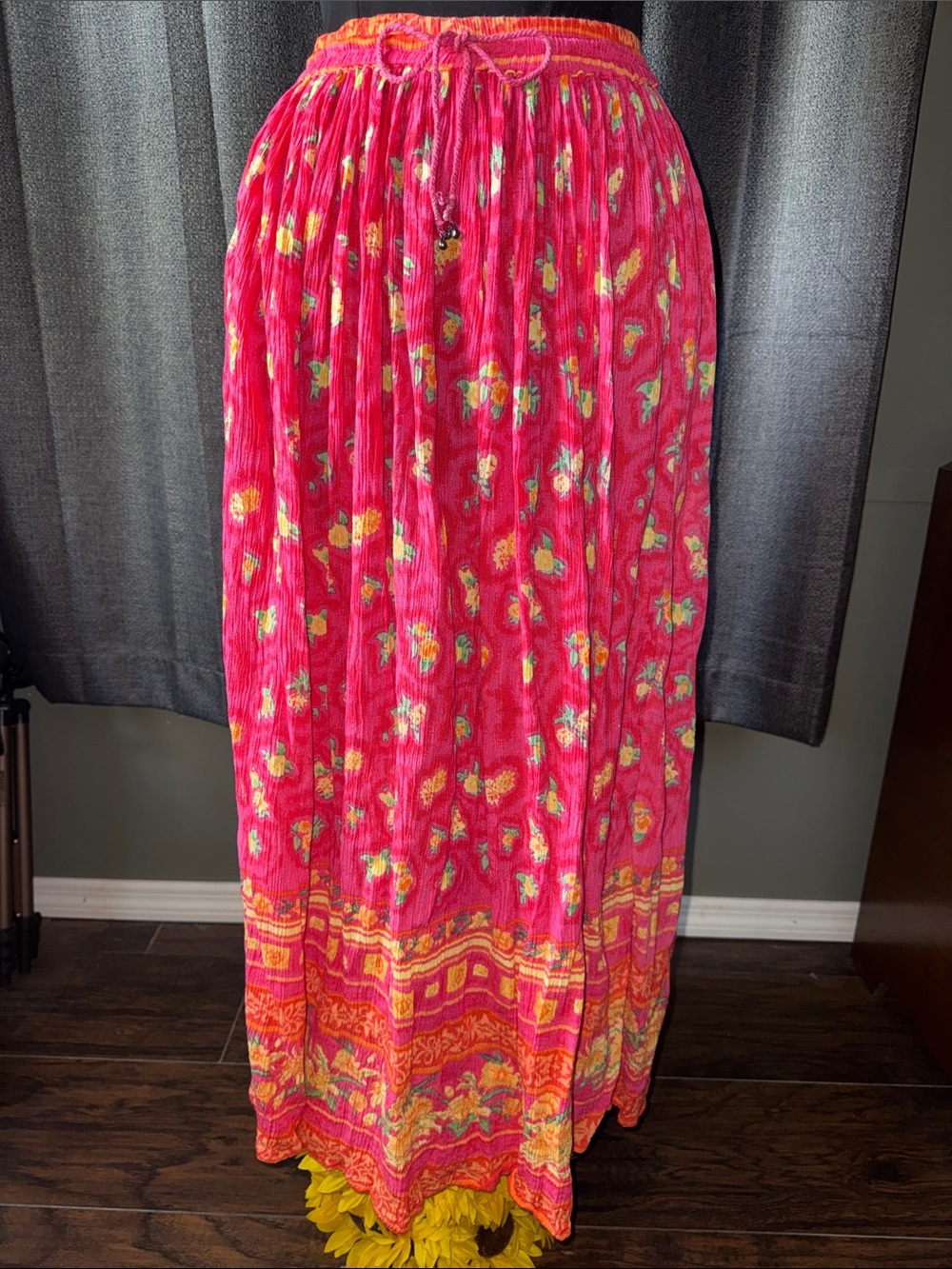 Vintage Victoria Holley Bright Pink Floral Maxi Skirt - Flowing Boho Style